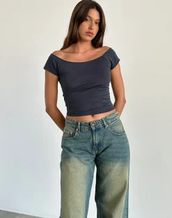 Motel Rocks Basic Tops-Charya Off The Shoulder Top in Ocean Storm OceanStorm