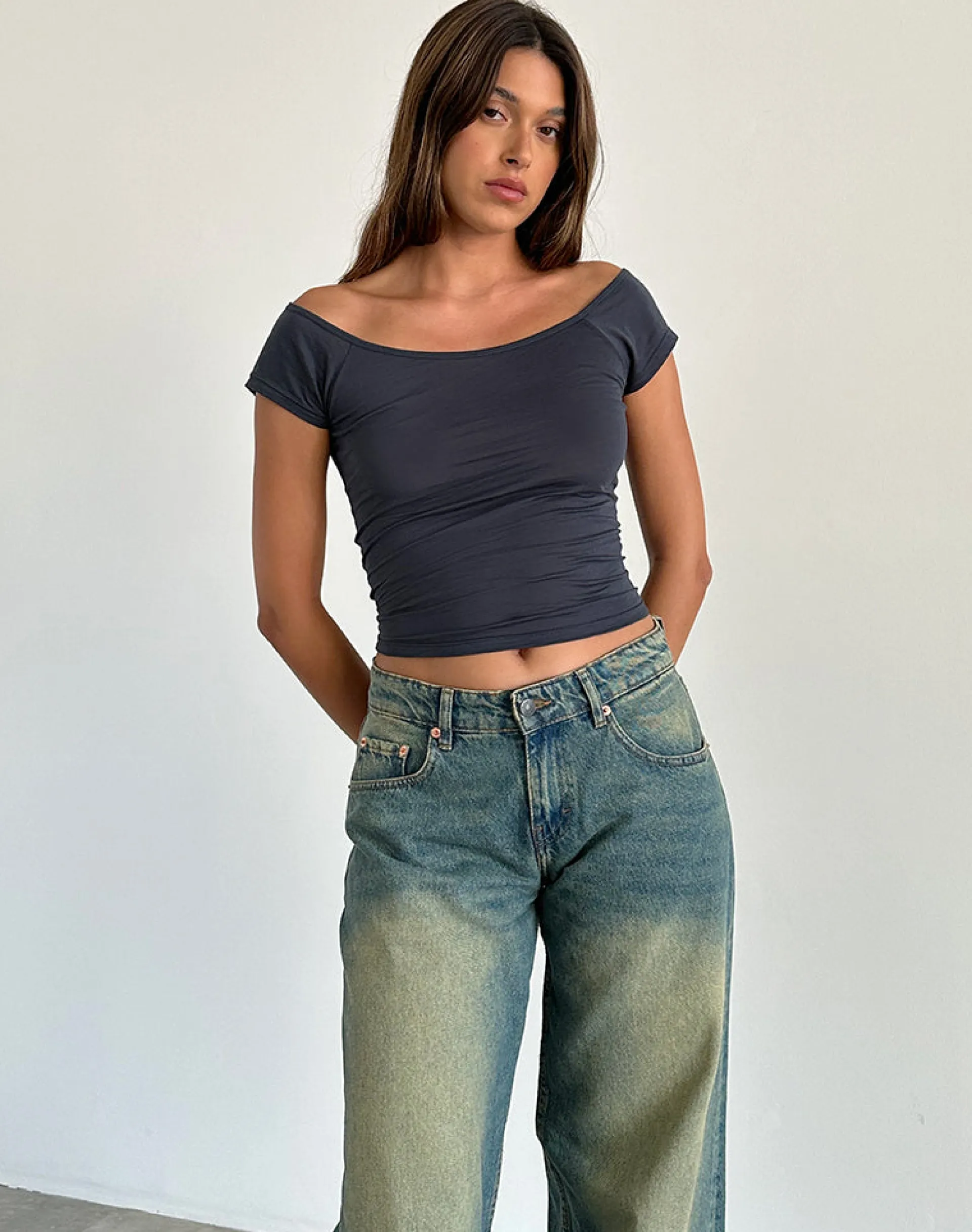 Motel Rocks Basic Tops-Charya Off The Shoulder Top in Ocean Storm OceanStorm