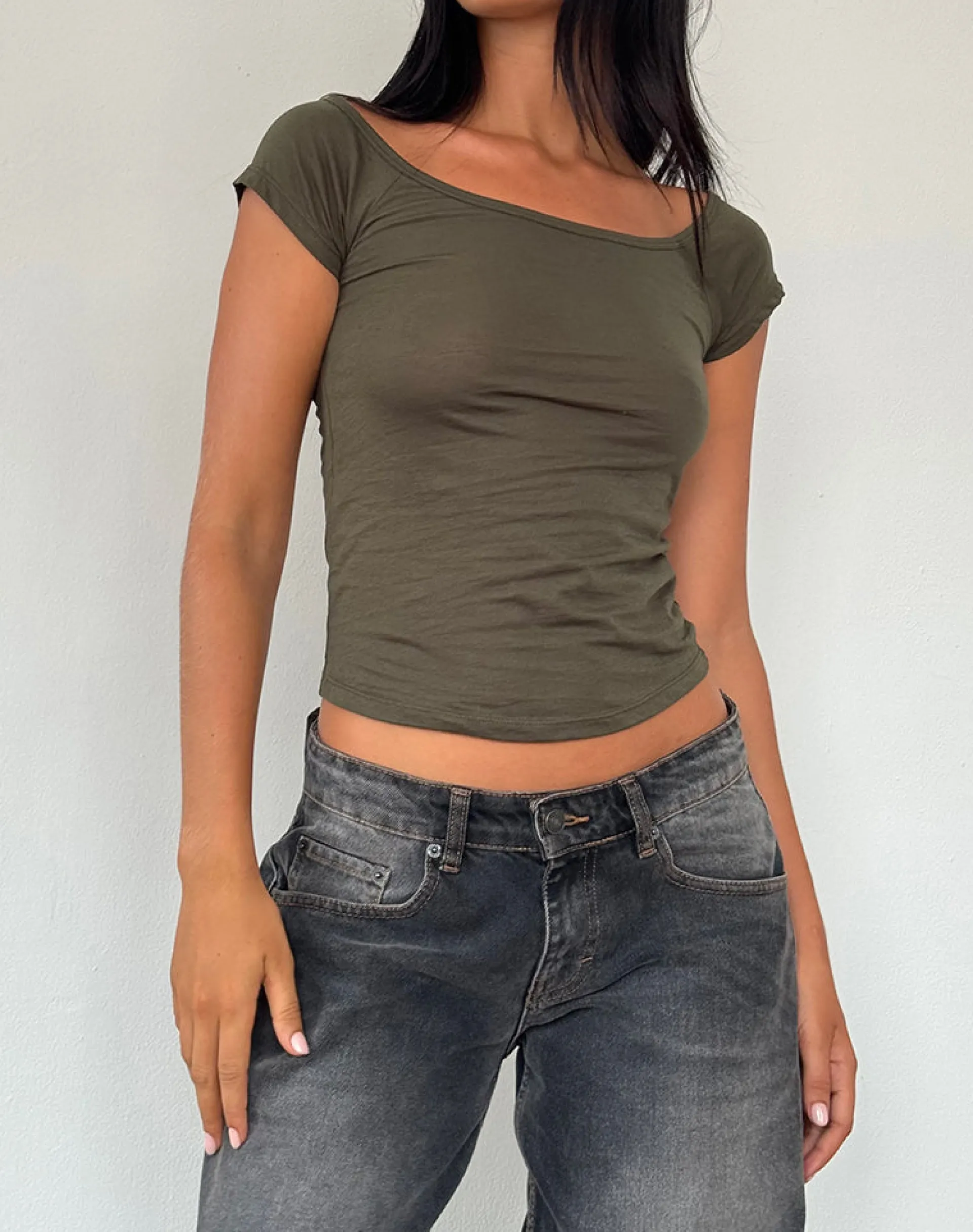Motel Rocks Basics | Basic Tops-Charya Off The Shoulder Top in Olive