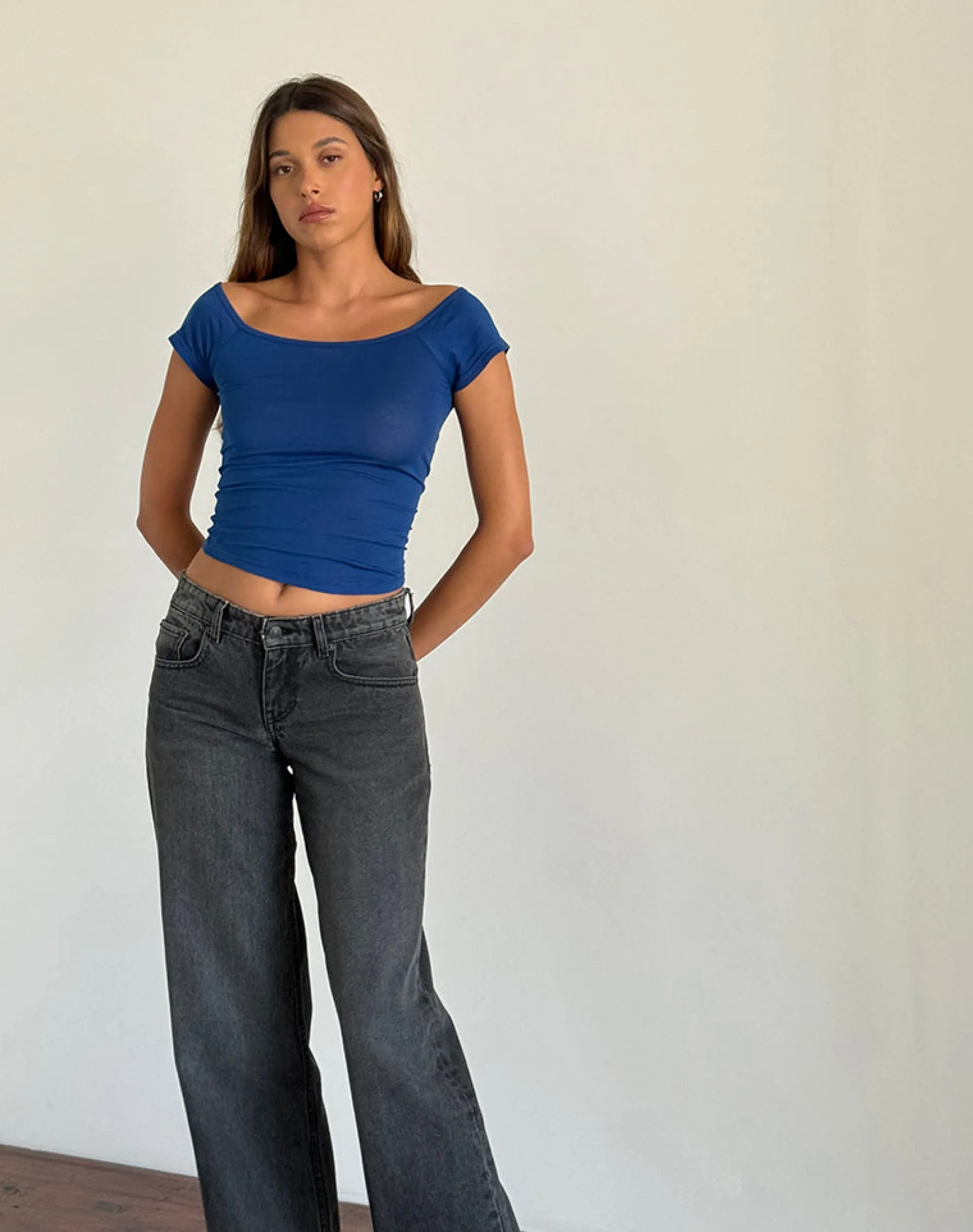 Motel Rocks Basic Tops-Charya Off The Shoulder Top in Dazzling Blue DazzlingBlue