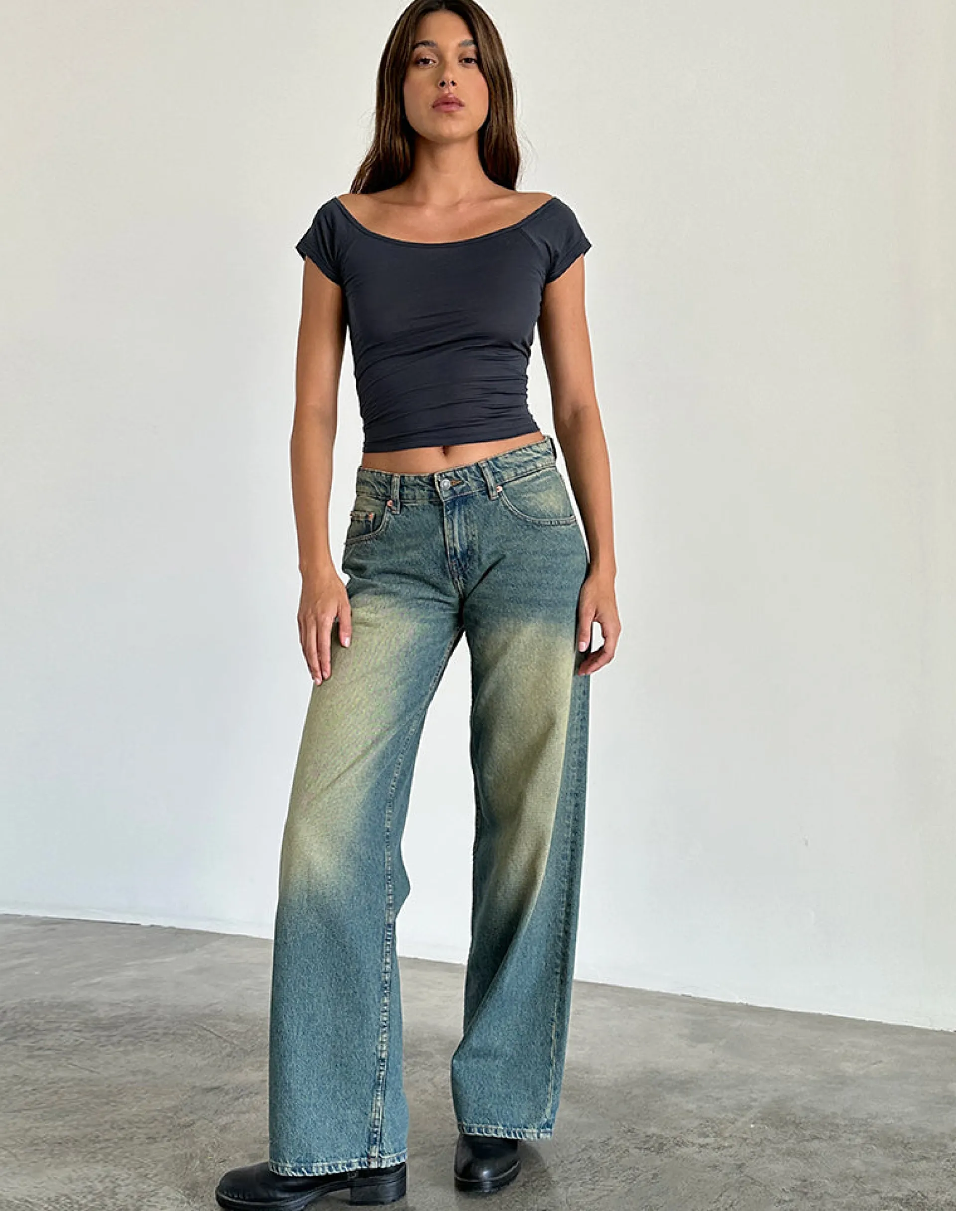 Motel Rocks Basic Tops-Charya Off The Shoulder Top in Ocean Storm OceanStorm