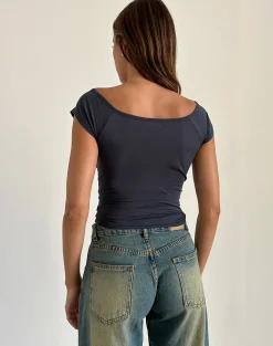 Motel Rocks Basic Tops-Charya Off The Shoulder Top in Ocean Storm OceanStorm