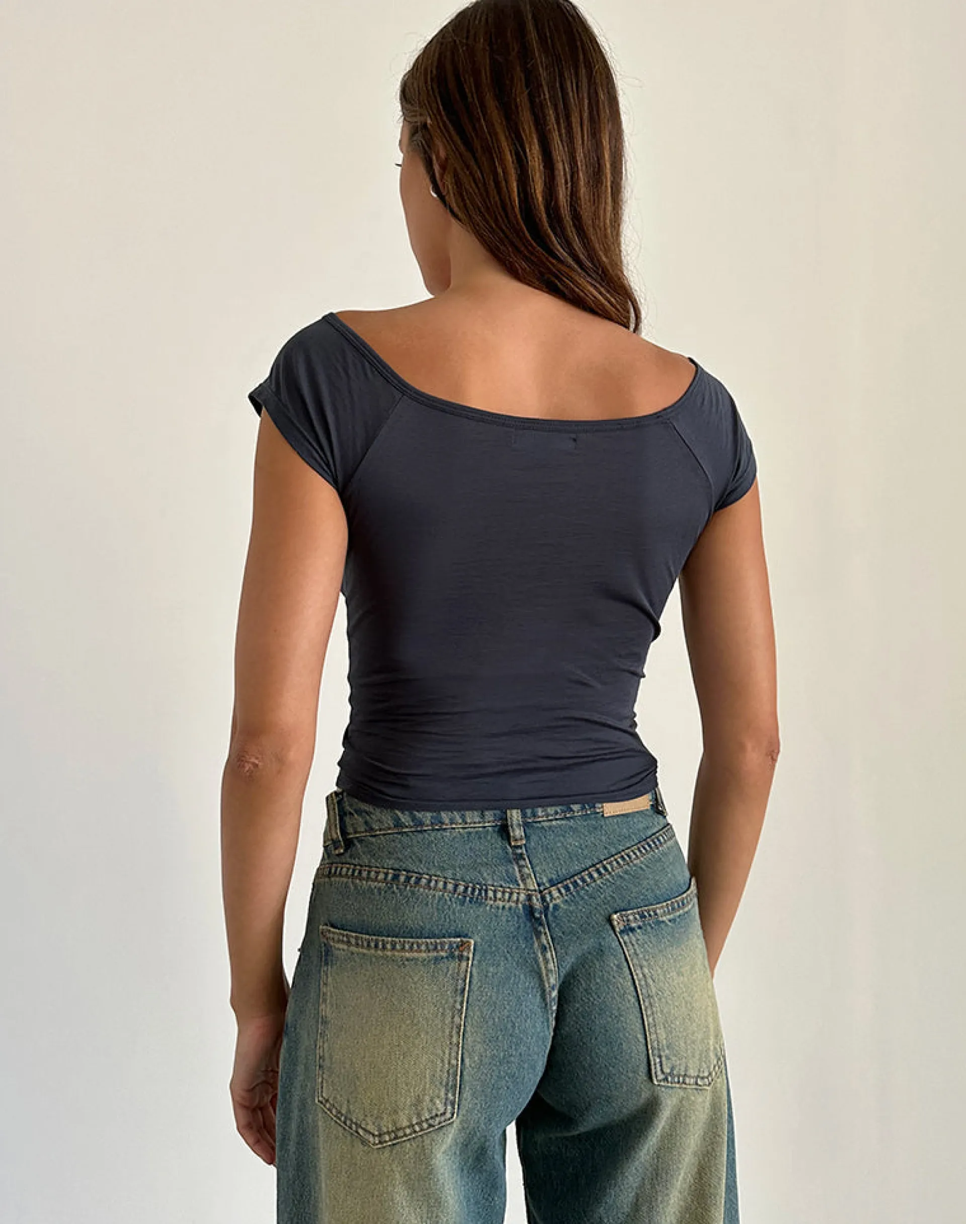 Motel Rocks Basic Tops-Charya Off The Shoulder Top in Ocean Storm OceanStorm