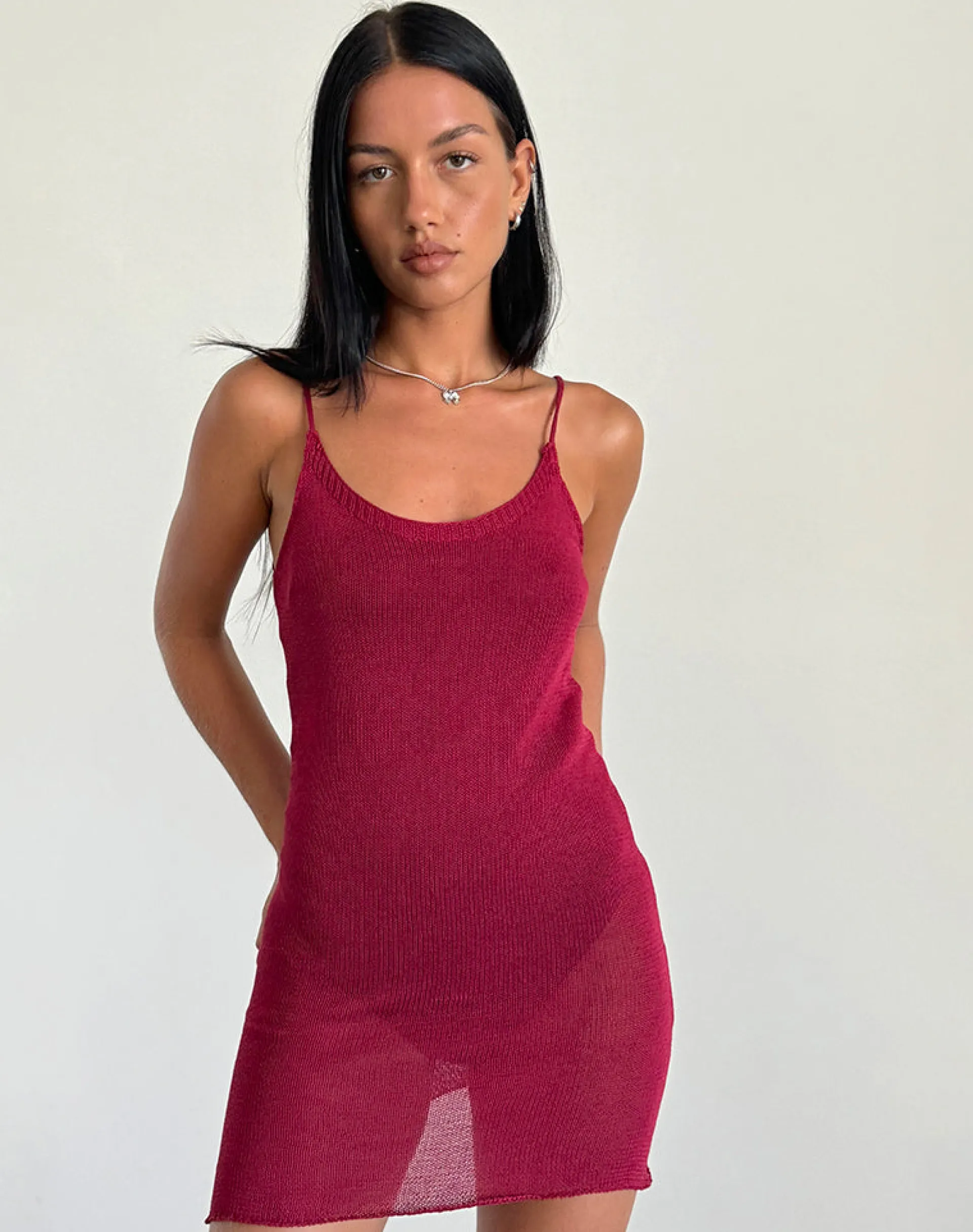Motel Rocks Mini Dresses-Chiara Mini Dress in Sheer Knit Red SheerKnitRed