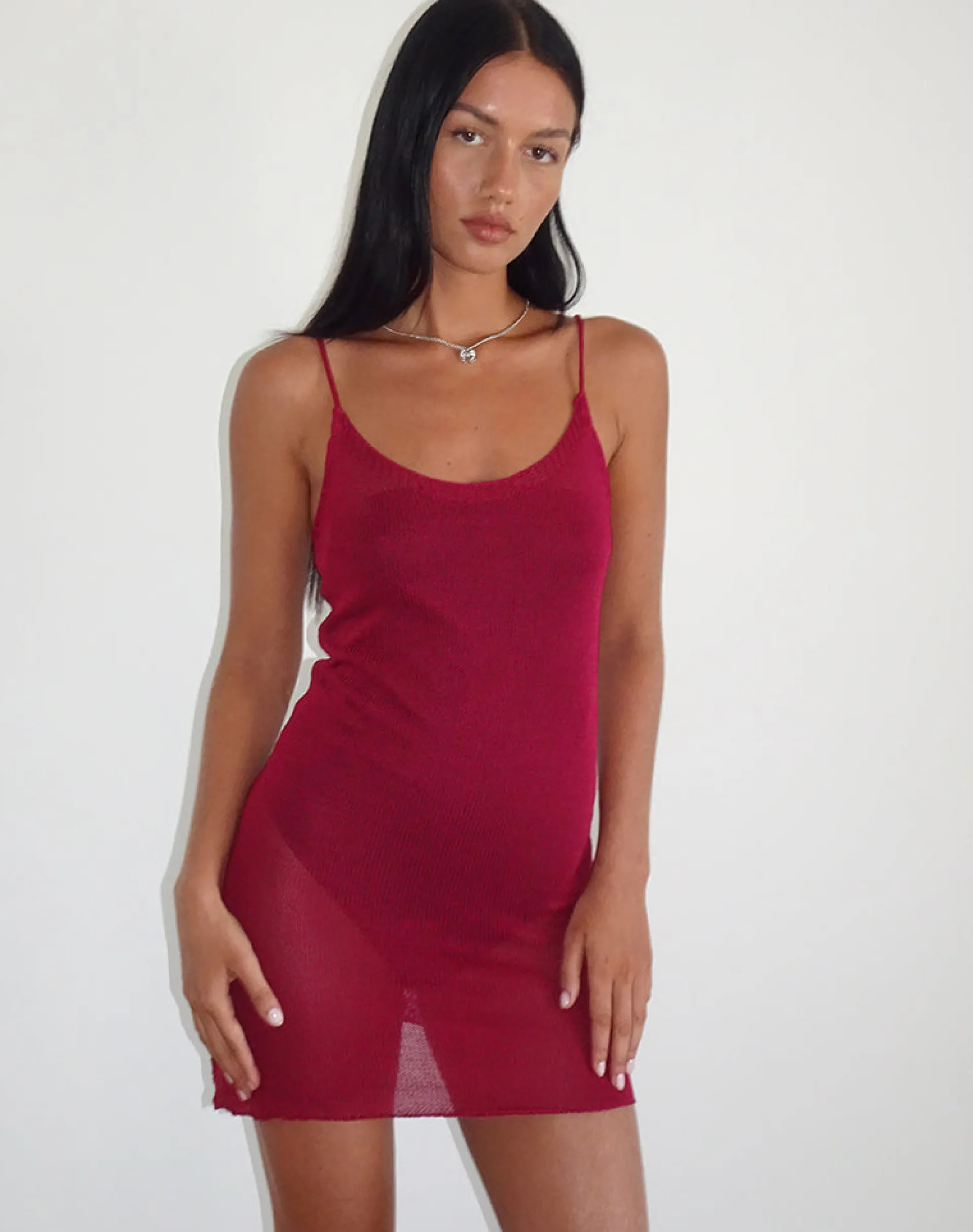 Motel Rocks Mini Dresses-Chiara Mini Dress in Sheer Knit Red SheerKnitRed