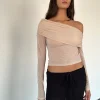 Motel Rocks Long Sleeve Tops | Going Out Tops-Chidi Sheer Mesh Bardot Top in Camel