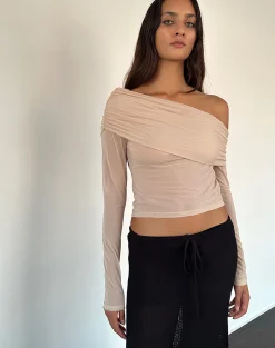 Motel Rocks Long Sleeve Tops | Going Out Tops-Chidi Sheer Mesh Bardot Top in Camel