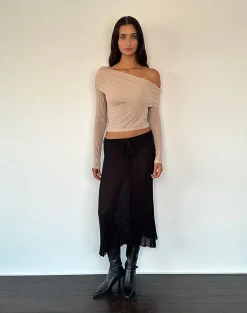 Motel Rocks Long Sleeve Tops | Going Out Tops-Chidi Sheer Mesh Bardot Top in Camel