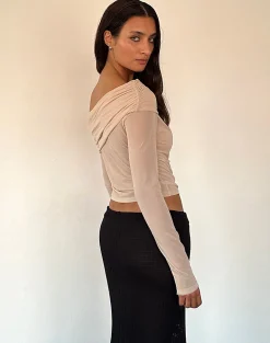 Motel Rocks Long Sleeve Tops | Going Out Tops-Chidi Sheer Mesh Bardot Top in Camel