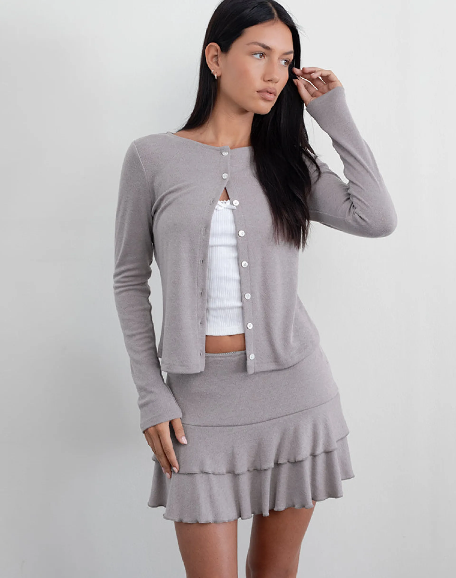 Motel Rocks Co-Ords | Mini Skirts-Chile Mini Skirt in Pointelle Brown