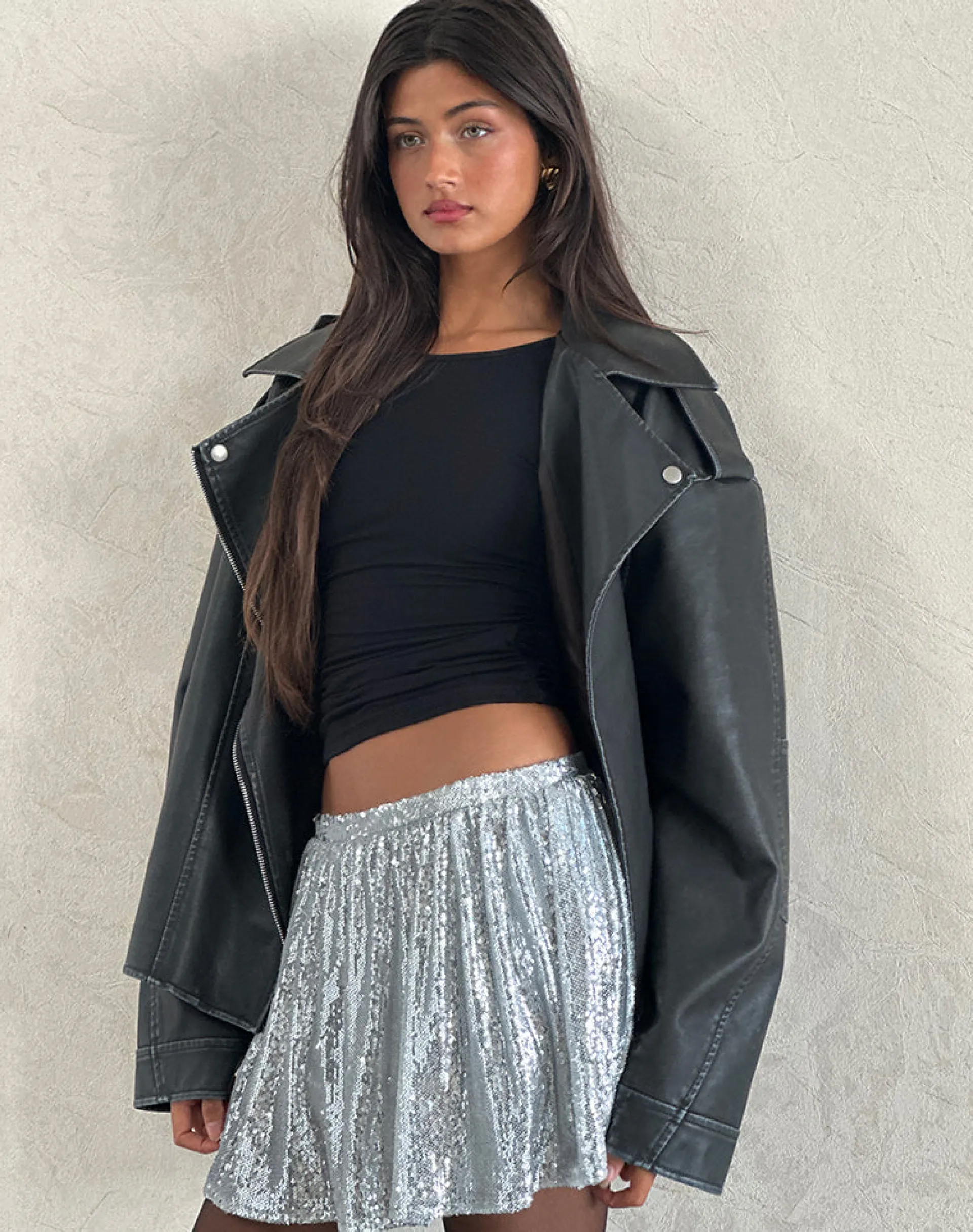 Motel Rocks Mini Skirts-Chima Mini Skirt in Sequin Silver Chrome