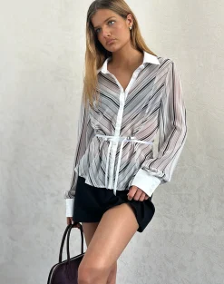 Motel Rocks Shirts And Blouses | Long Sleeve Tops-Christabel Shirt in Diagonal Stripe Tonal Grey DiagonalStripeTonalGrey