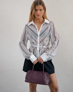 Motel Rocks Shirts And Blouses | Long Sleeve Tops-Christabel Shirt in Diagonal Stripe Tonal Grey DiagonalStripeTonalGrey