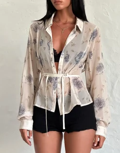 Motel Rocks Co-Ords | Printed Tops-Christabel Shirt in Wild Rose Blue wildroseblue