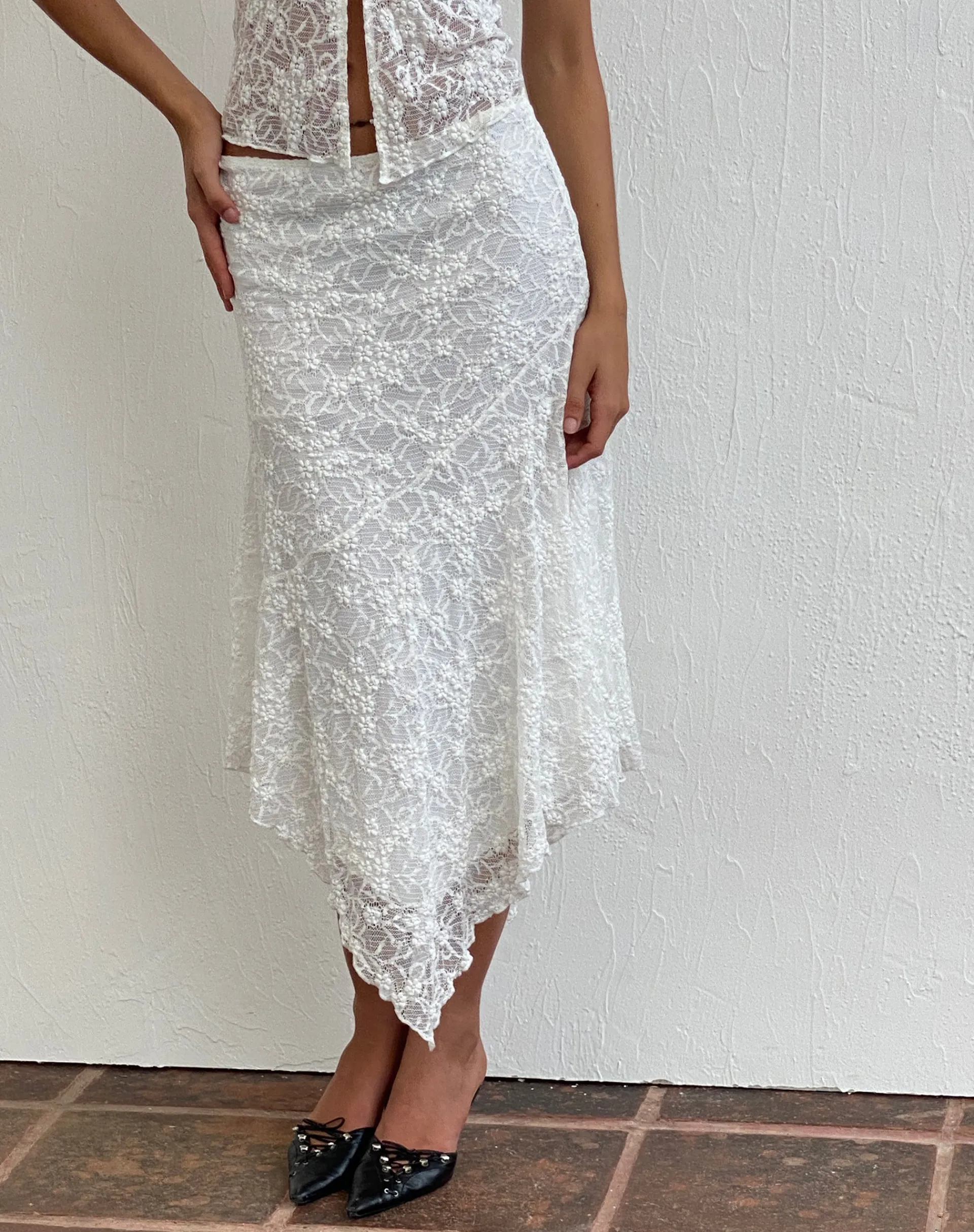 Motel Rocks A Line Skirts-Cinta Low Rise Midi Skirt in Lace Ivory LaceIvory