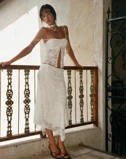 Motel Rocks A Line Skirts-Cinta Low Rise Midi Skirt in Lace Ivory LaceIvory