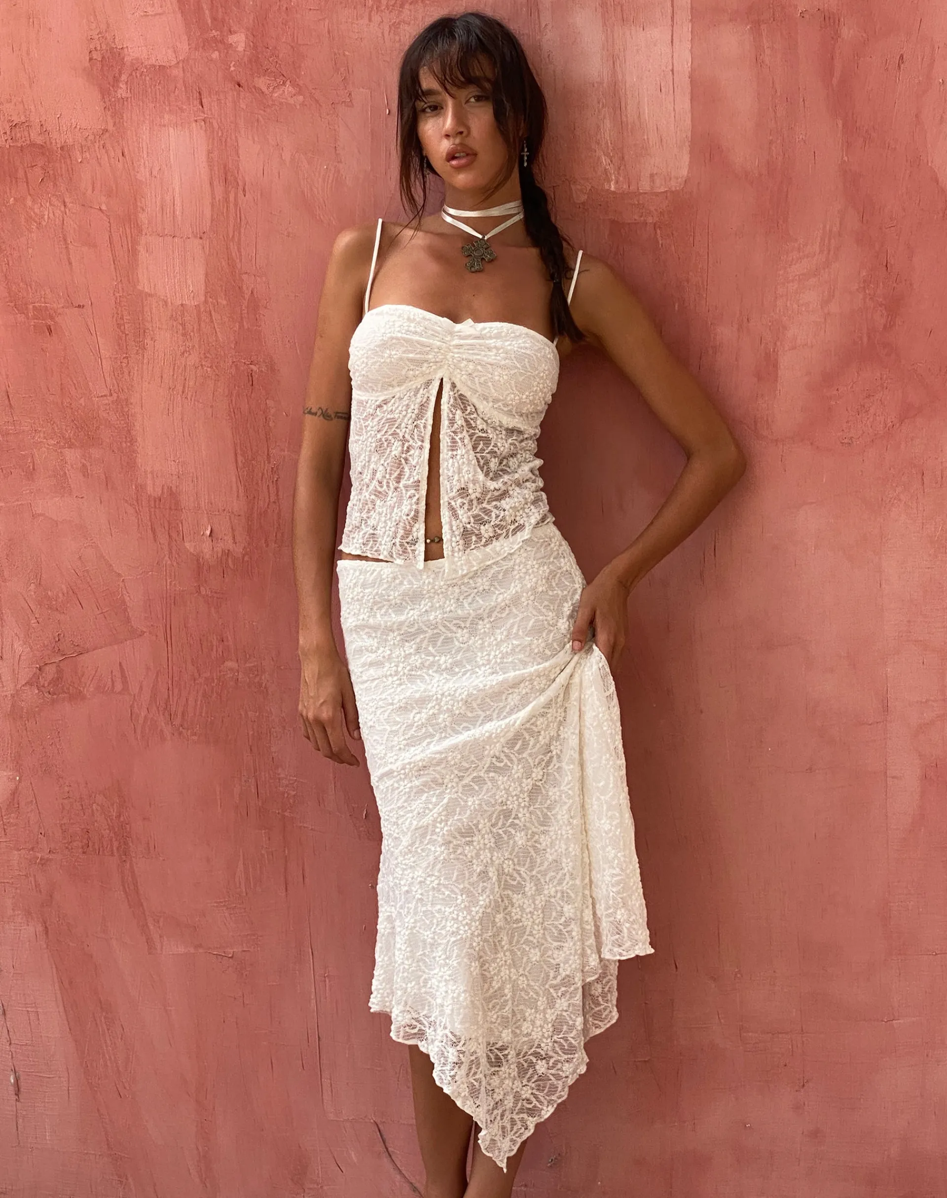 Motel Rocks A Line Skirts-Cinta Low Rise Midi Skirt in Lace Ivory LaceIvory