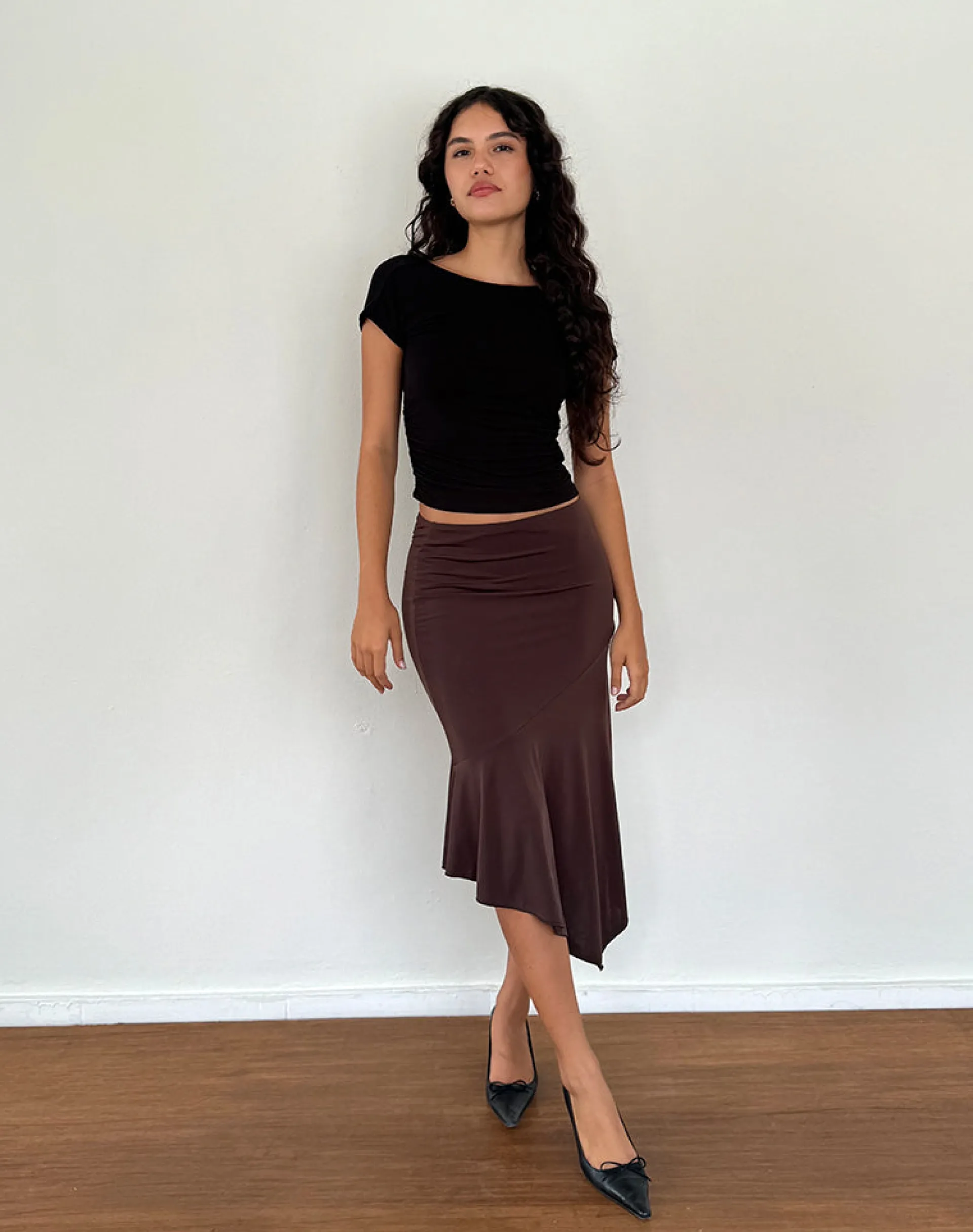 Motel Rocks Basics | Midi Skirts-Cinta Low Rise Midi Skirt in Chocolate