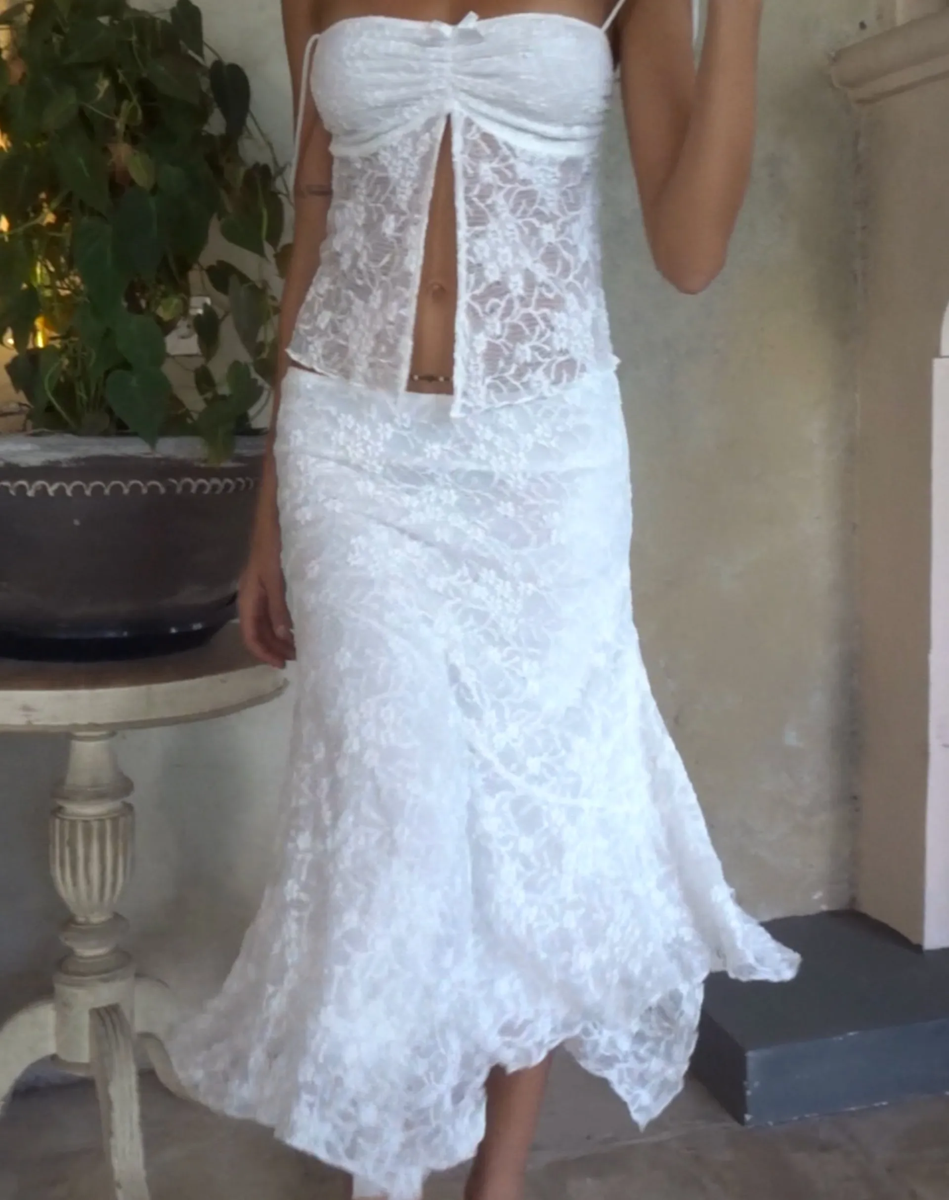Motel Rocks A Line Skirts-Cinta Low Rise Midi Skirt in Lace Ivory LaceIvory