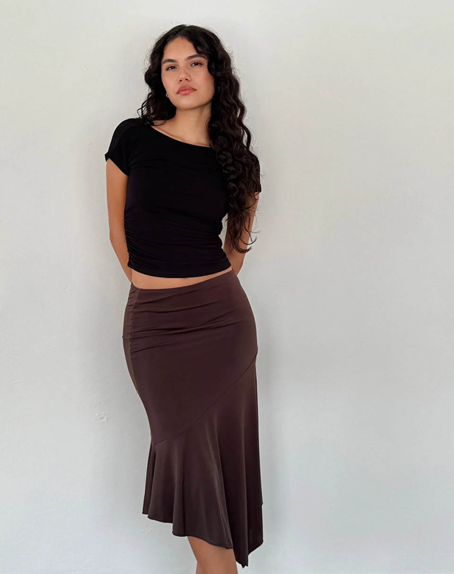 Motel Rocks Basics | Midi Skirts-Cinta Low Rise Midi Skirt in Chocolate