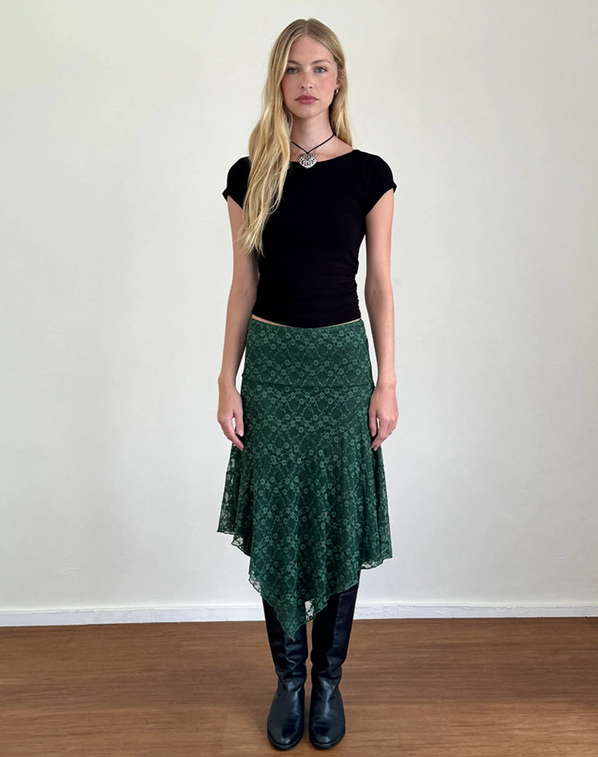 Motel Rocks A Line Skirts | Midi Skirts-Cinta Midi Skirt in Sage Canina Rose Lace SageCaninaRoseLace