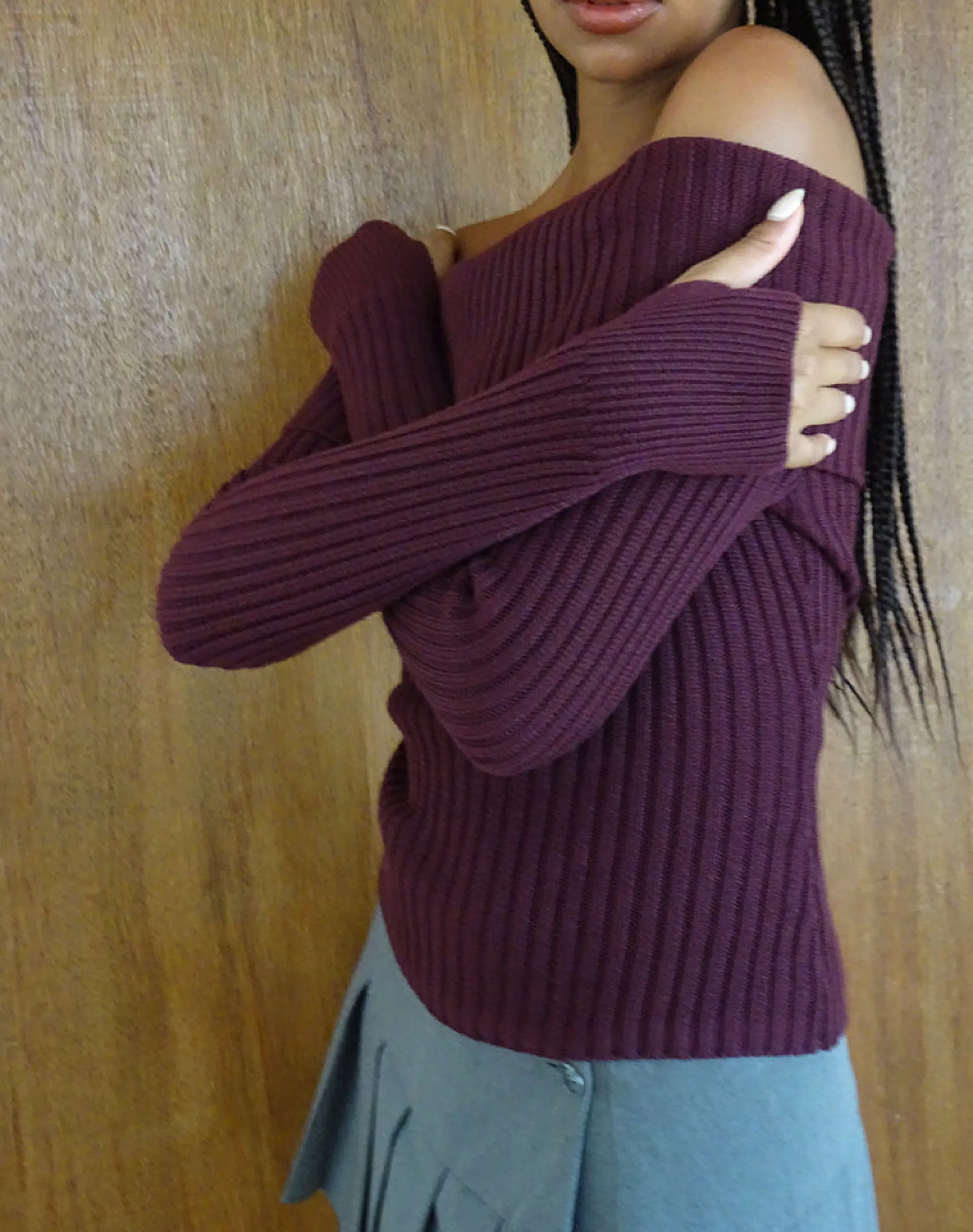 Motel Rocks Basics | Jumpers-Circe Knitted Bardot Jumper in Burgundy