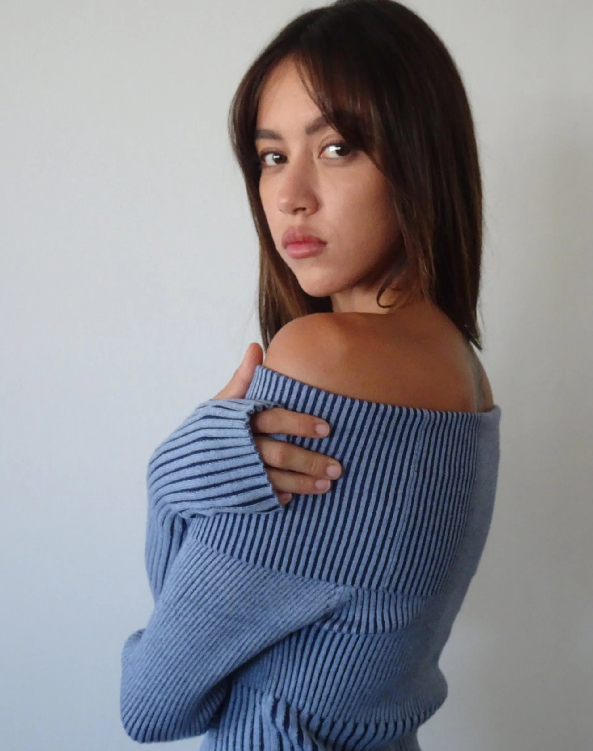Motel Rocks Jumpers | Long Sleeve Tops-Circe Knitted Bardot Jumper in Two Tone Blue TwoToneBlue