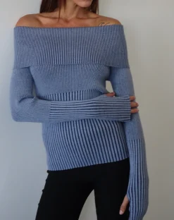 Motel Rocks Jumpers | Long Sleeve Tops-Circe Knitted Bardot Jumper in Two Tone Blue TwoToneBlue