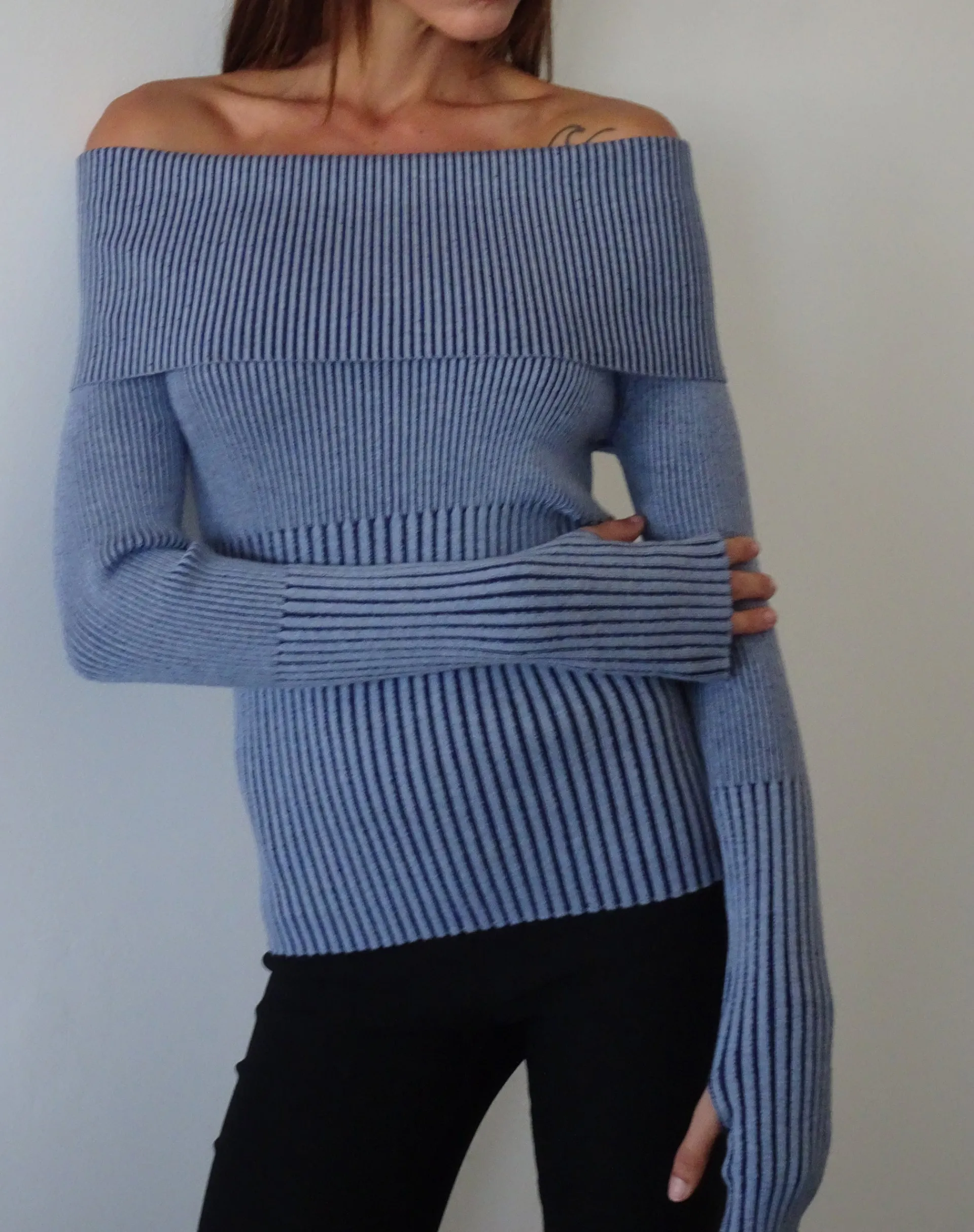 Motel Rocks Jumpers | Long Sleeve Tops-Circe Knitted Bardot Jumper in Two Tone Blue TwoToneBlue
