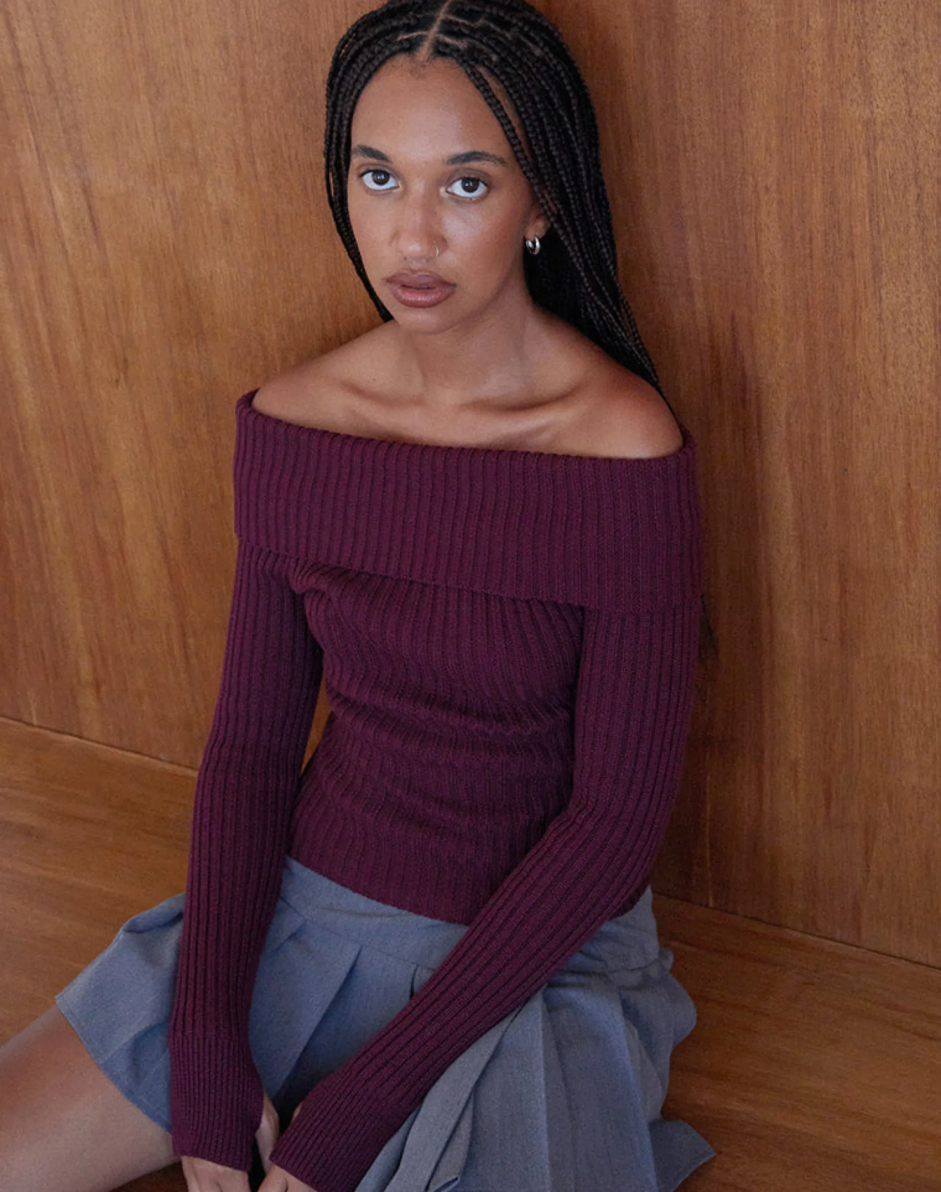Motel Rocks Basics | Jumpers-Circe Knitted Bardot Jumper in Burgundy