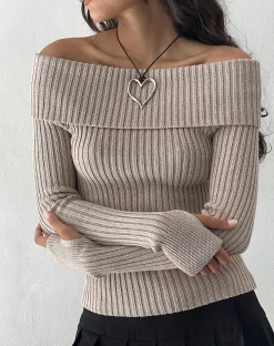 Motel Rocks Long Sleeve Tops-Circe Off-Shoulder Long Sleeve Knit Top in Natural
