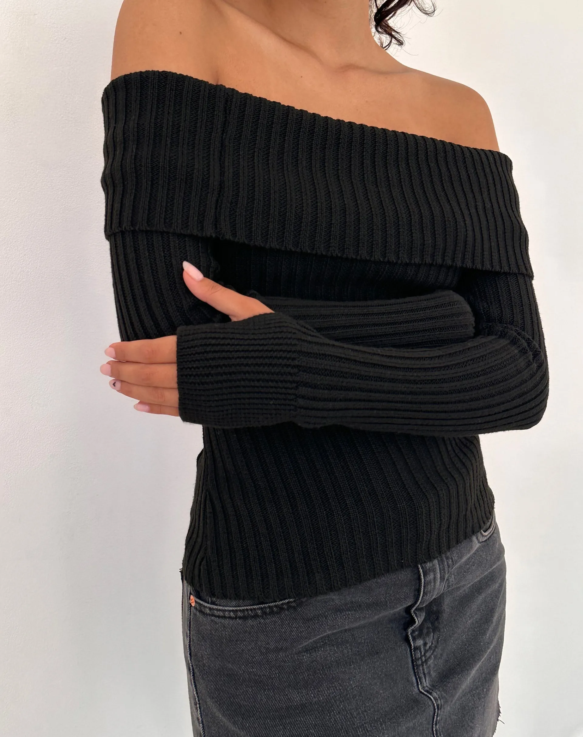 Motel Rocks Jumpers-Circe Off-Shoulder Long Sleeve Knit Top in Black