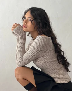 Motel Rocks Long Sleeve Tops-Circe Off-Shoulder Long Sleeve Knit Top in Natural