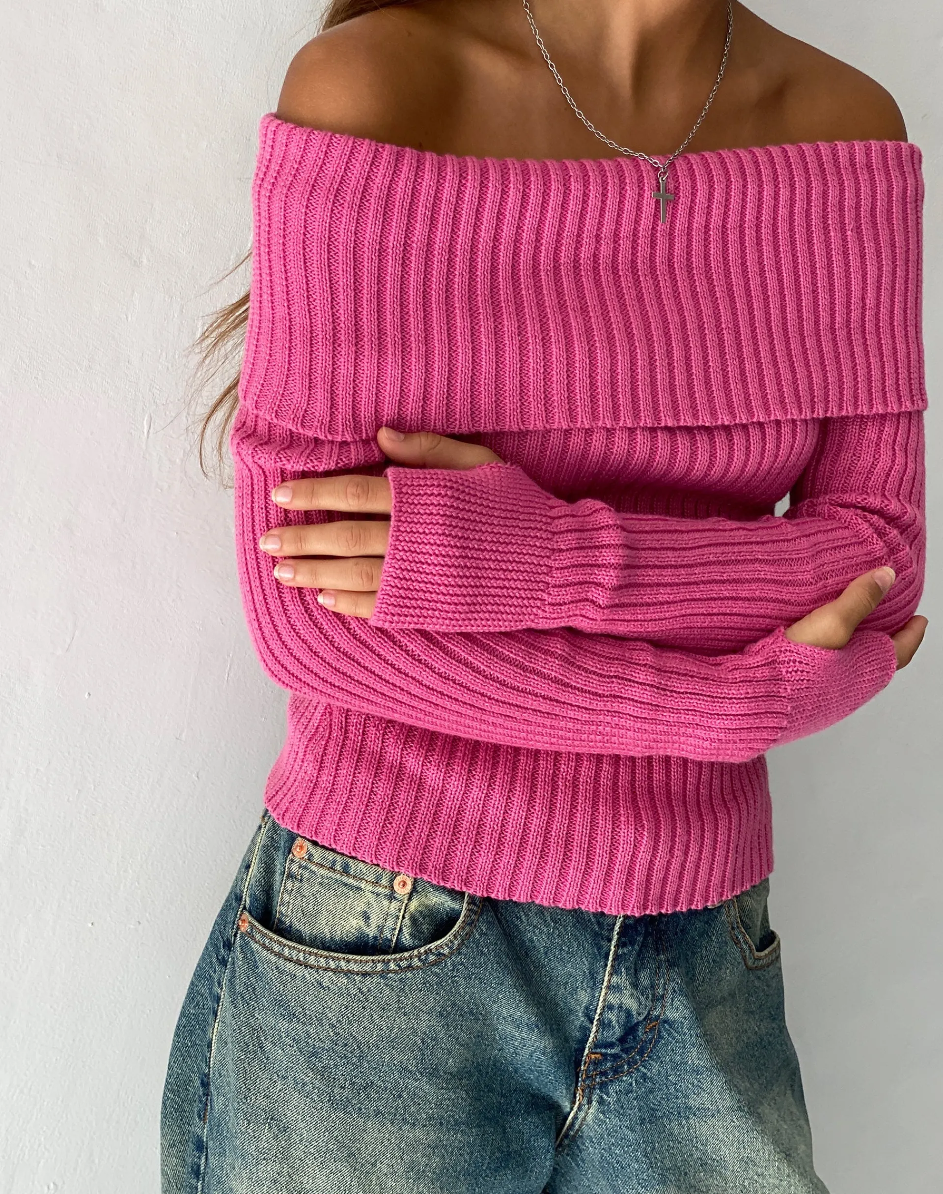 Motel Rocks Jumpers | Long Sleeve Tops-Circe Off-Shoulder Long Sleeve Knit Top in Hot Pink hotpink