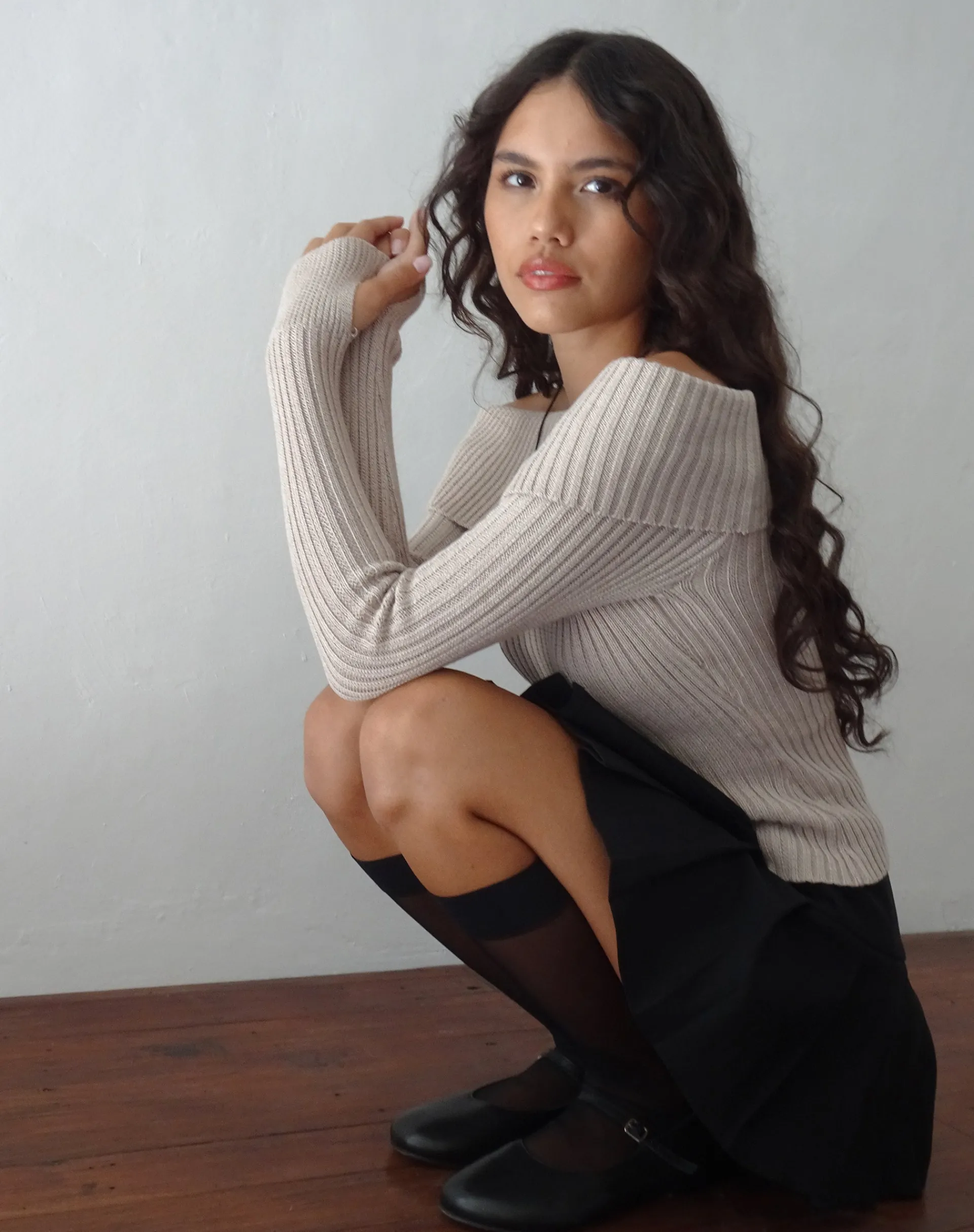 Motel Rocks Long Sleeve Tops-Circe Off-Shoulder Long Sleeve Knit Top in Natural