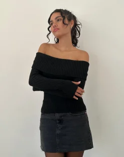 Motel Rocks Jumpers-Circe Off-Shoulder Long Sleeve Knit Top in Black