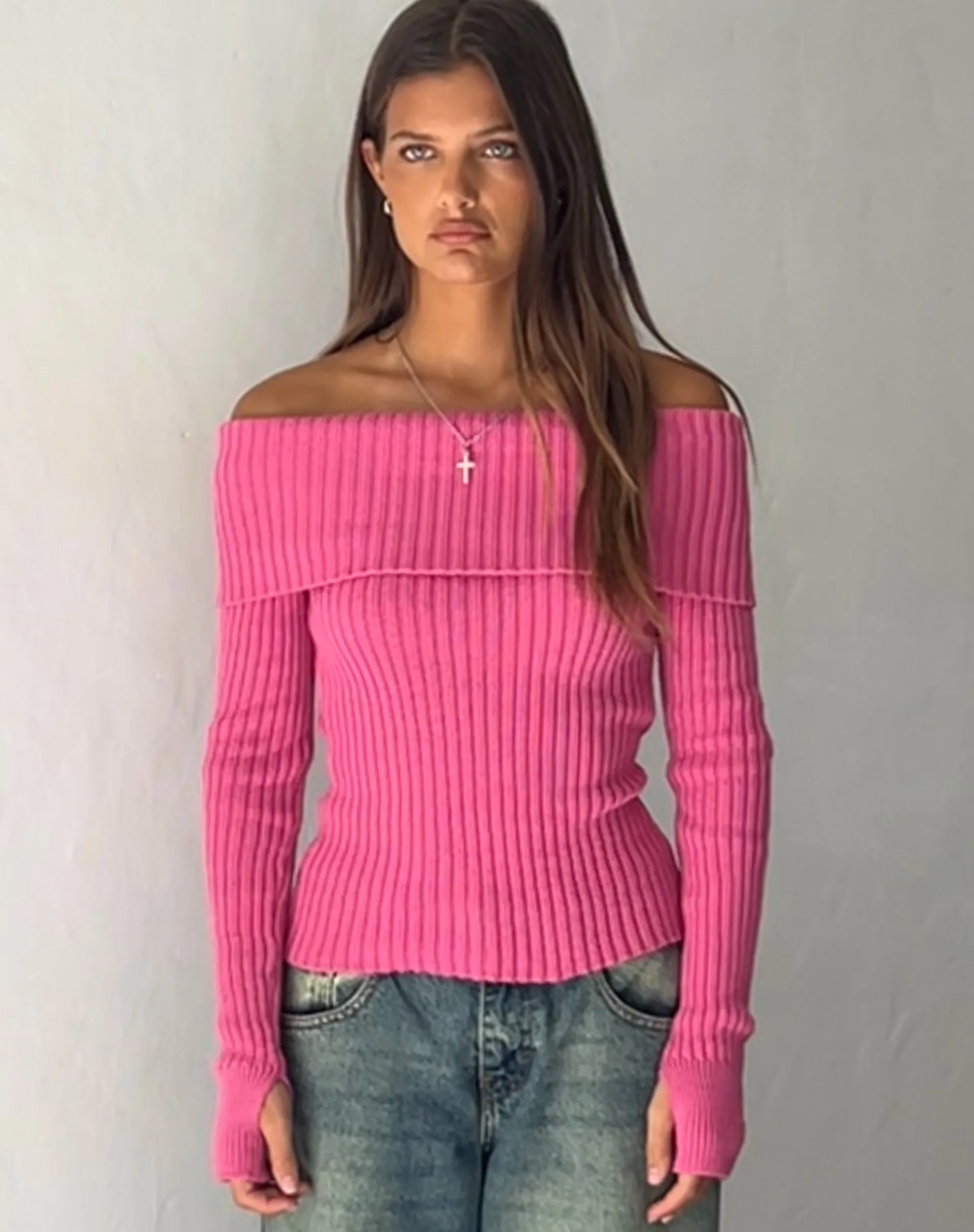 Motel Rocks Jumpers | Long Sleeve Tops-Circe Off-Shoulder Long Sleeve Knit Top in Hot Pink hotpink