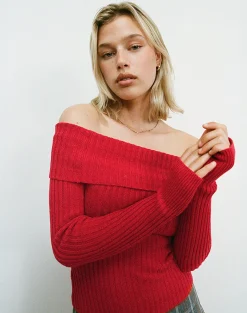Motel Rocks Long Sleeve Tops-Circe Off-Shoulder Long Sleeve Knit To in Red