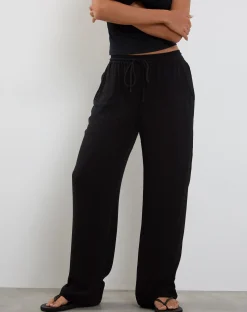 Motel Rocks Basics-Cisa Wide Leg Trouser in Crinkle Black