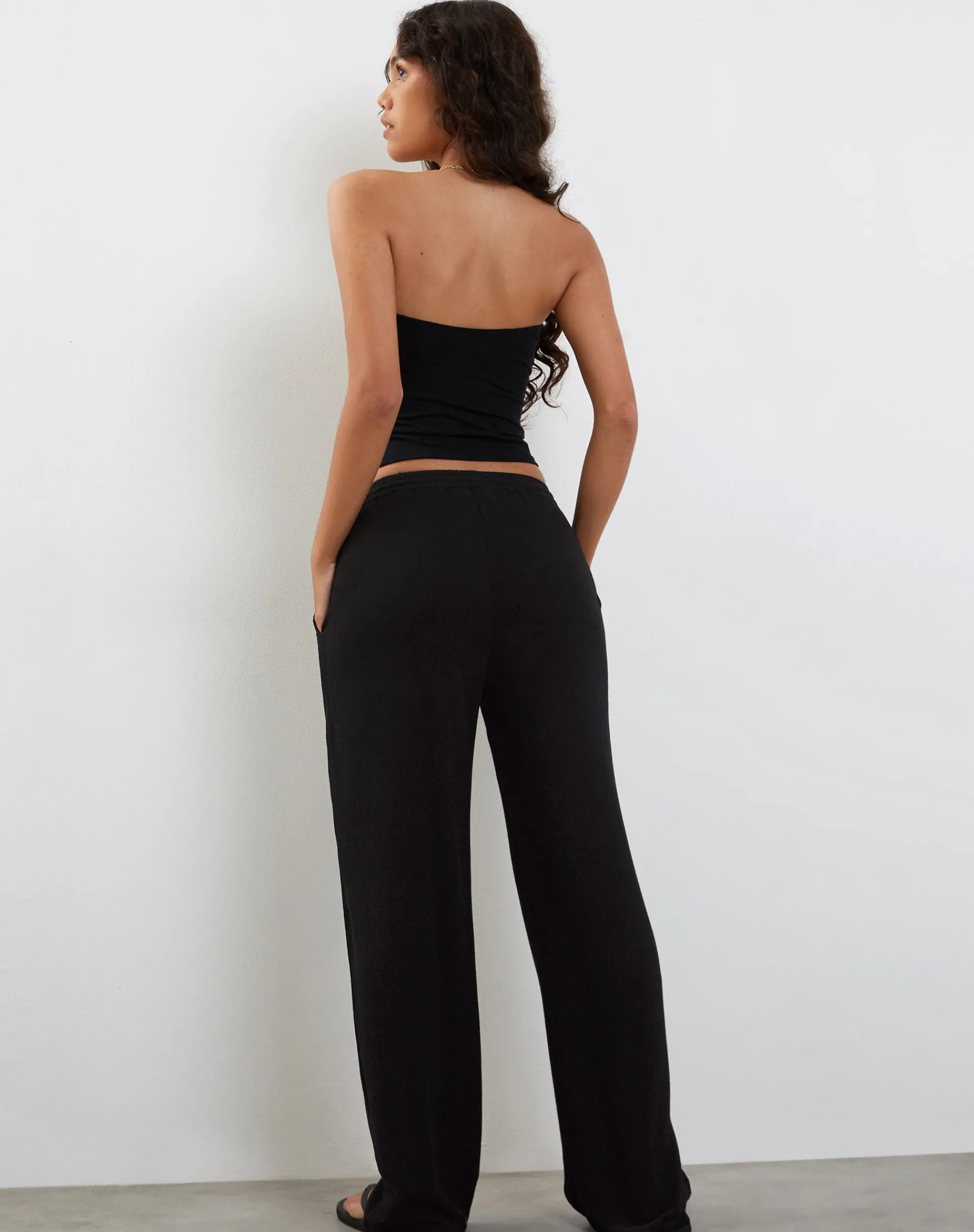 Motel Rocks Basics-Cisa Wide Leg Trouser in Crinkle Black