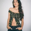 Motel Rocks Printed Tops-Citra Bardot Frill Top in Buttercup Black Yellow ButtercupBlackYellow