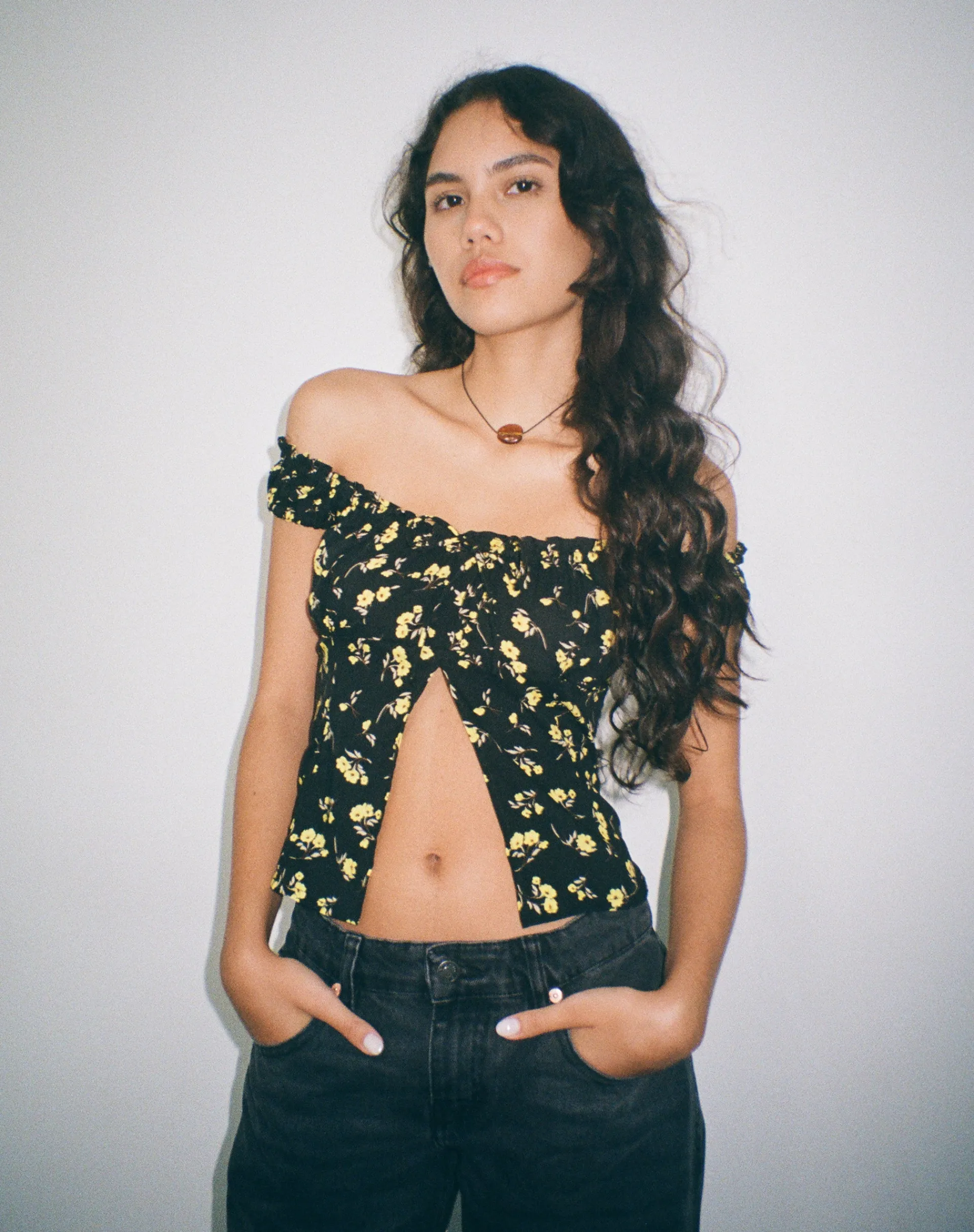 Motel Rocks Printed Tops-Citra Bardot Frill Top in Buttercup Black Yellow ButtercupBlackYellow