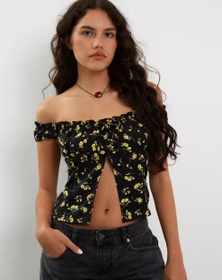 Motel Rocks Printed Tops-Citra Bardot Frill Top in Buttercup Black Yellow ButtercupBlackYellow