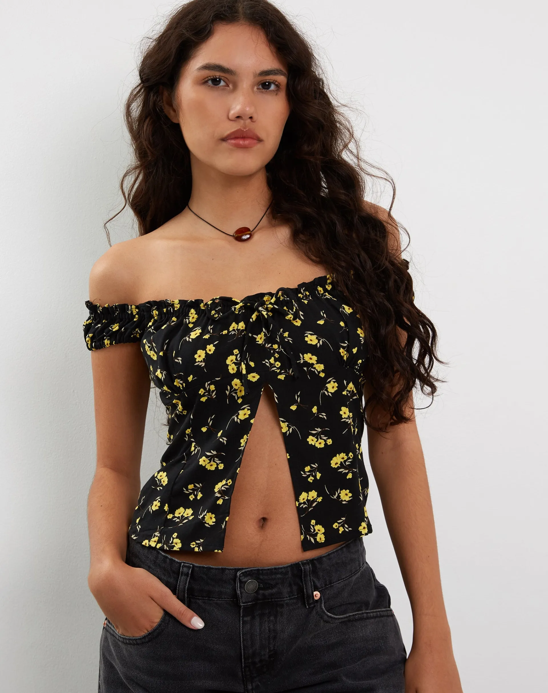 Motel Rocks Printed Tops-Citra Bardot Frill Top in Buttercup Black Yellow ButtercupBlackYellow