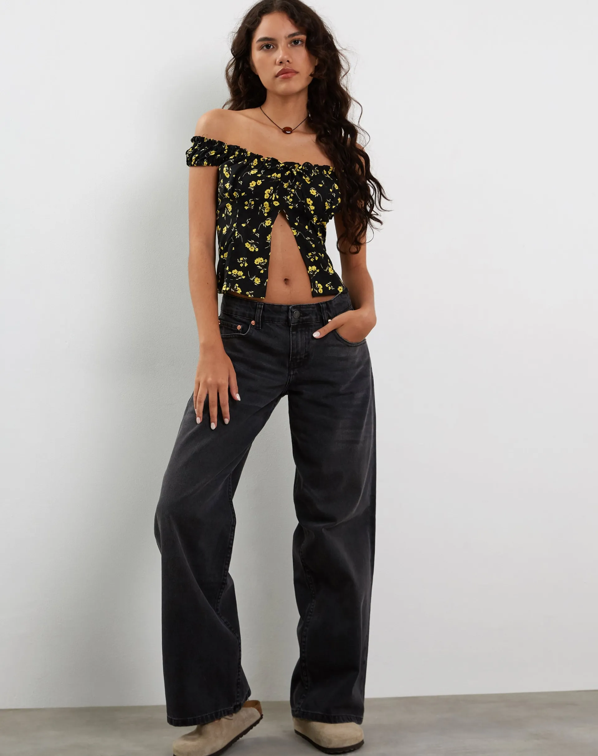 Motel Rocks Printed Tops-Citra Bardot Frill Top in Buttercup Black Yellow ButtercupBlackYellow