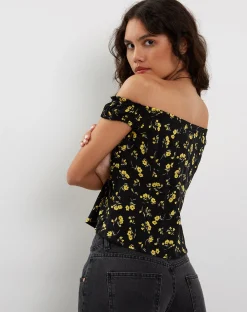 Motel Rocks Printed Tops-Citra Bardot Frill Top in Buttercup Black Yellow ButtercupBlackYellow