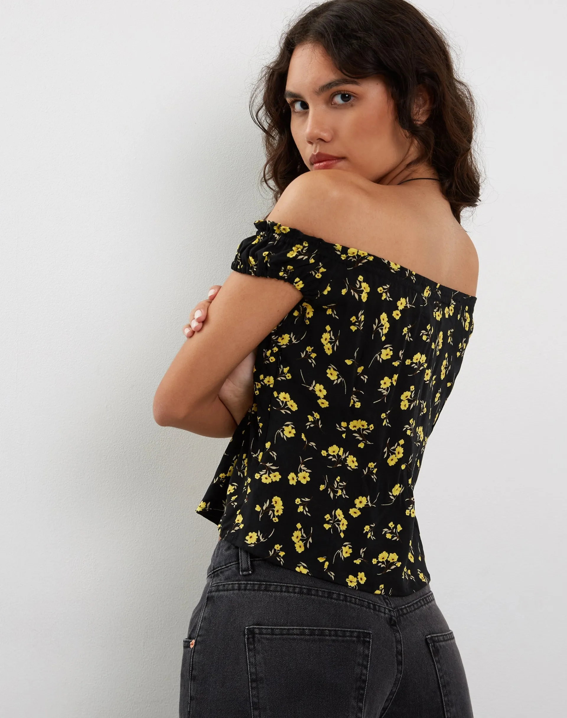 Motel Rocks Printed Tops-Citra Bardot Frill Top in Buttercup Black Yellow ButtercupBlackYellow