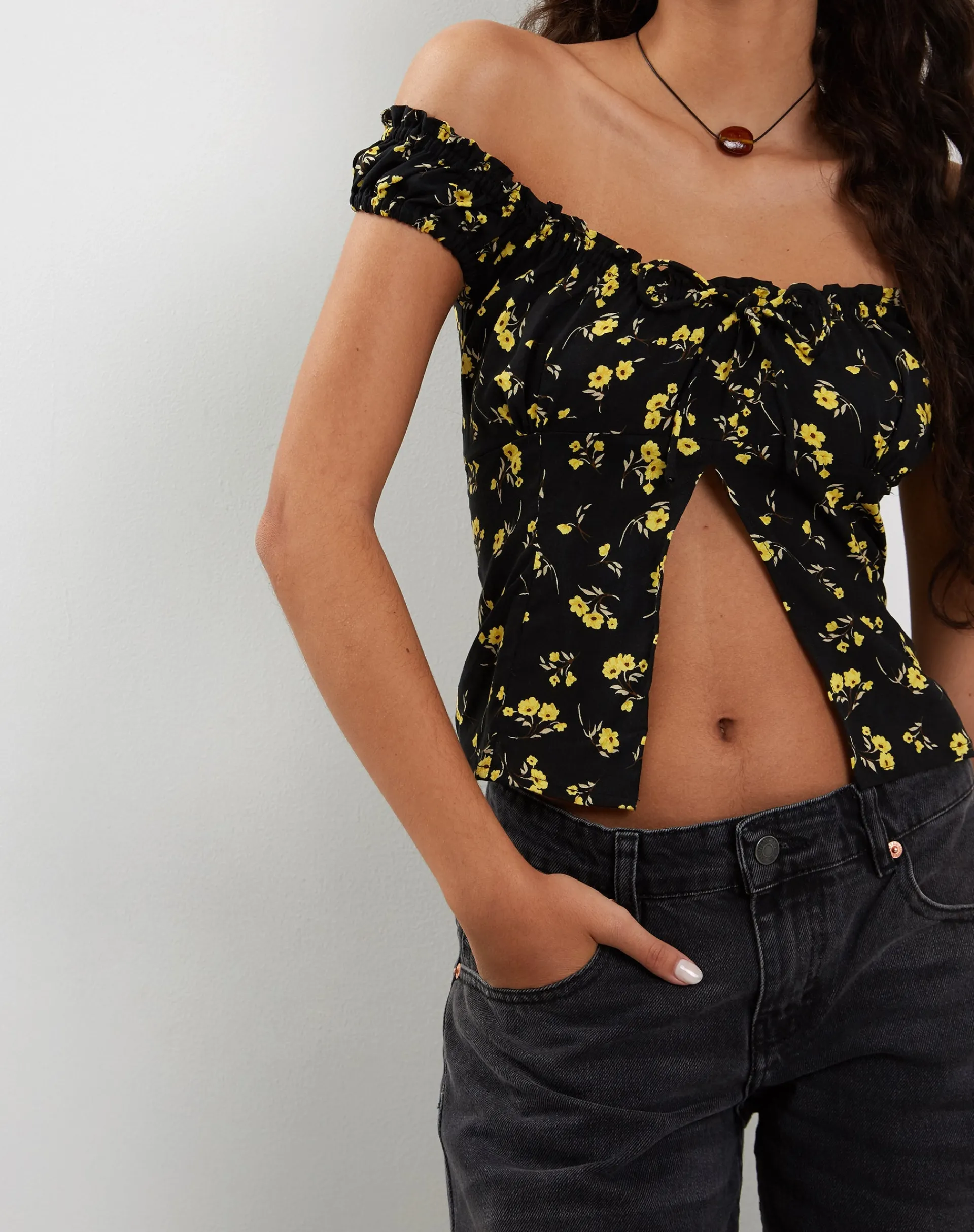 Motel Rocks Printed Tops-Citra Bardot Frill Top in Buttercup Black Yellow ButtercupBlackYellow