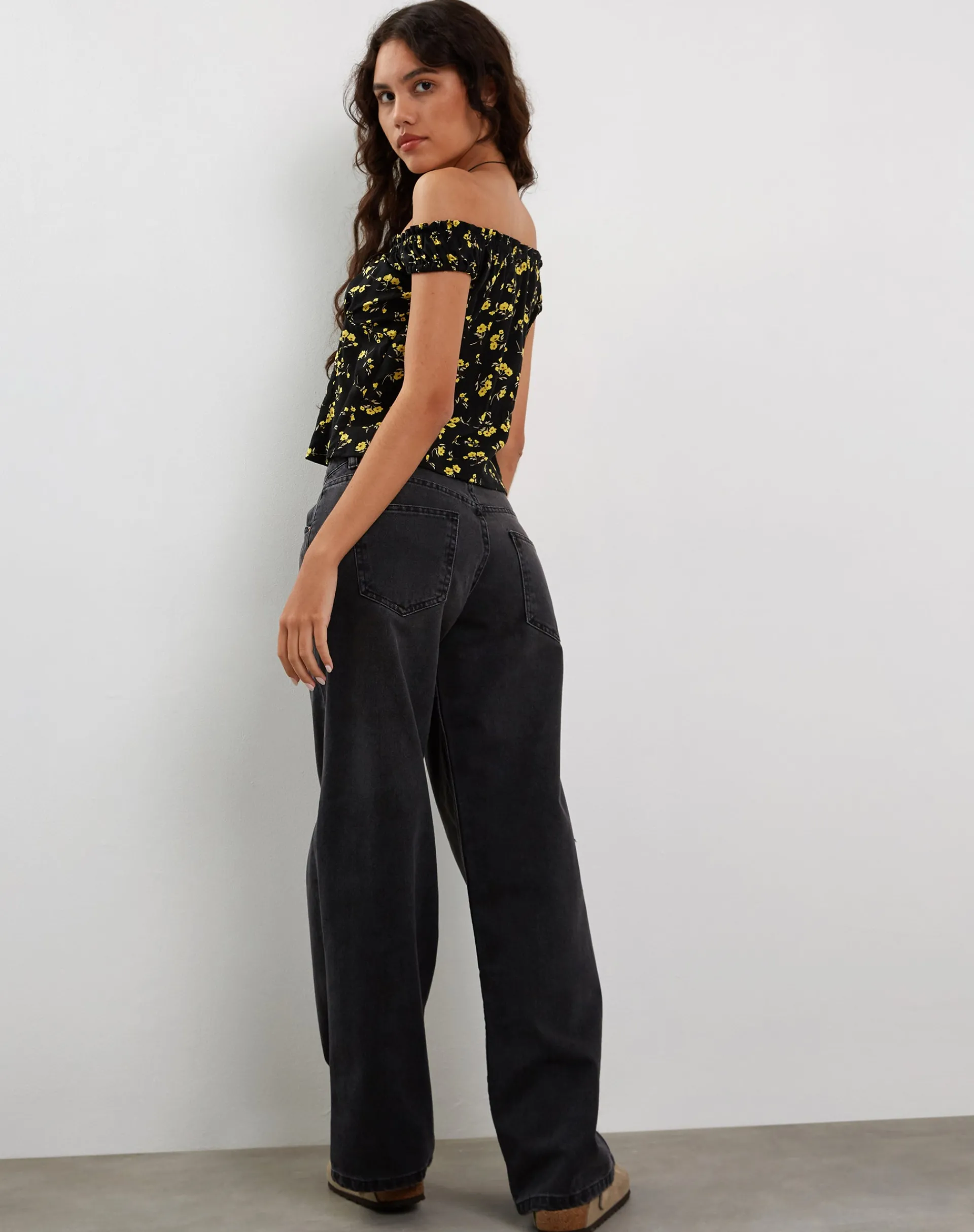 Motel Rocks Printed Tops-Citra Bardot Frill Top in Buttercup Black Yellow ButtercupBlackYellow
