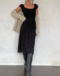 Motel Rocks Printed Dresses | Day Dresses-Clarisse Midi Dress in Mesh Vine Flower Black